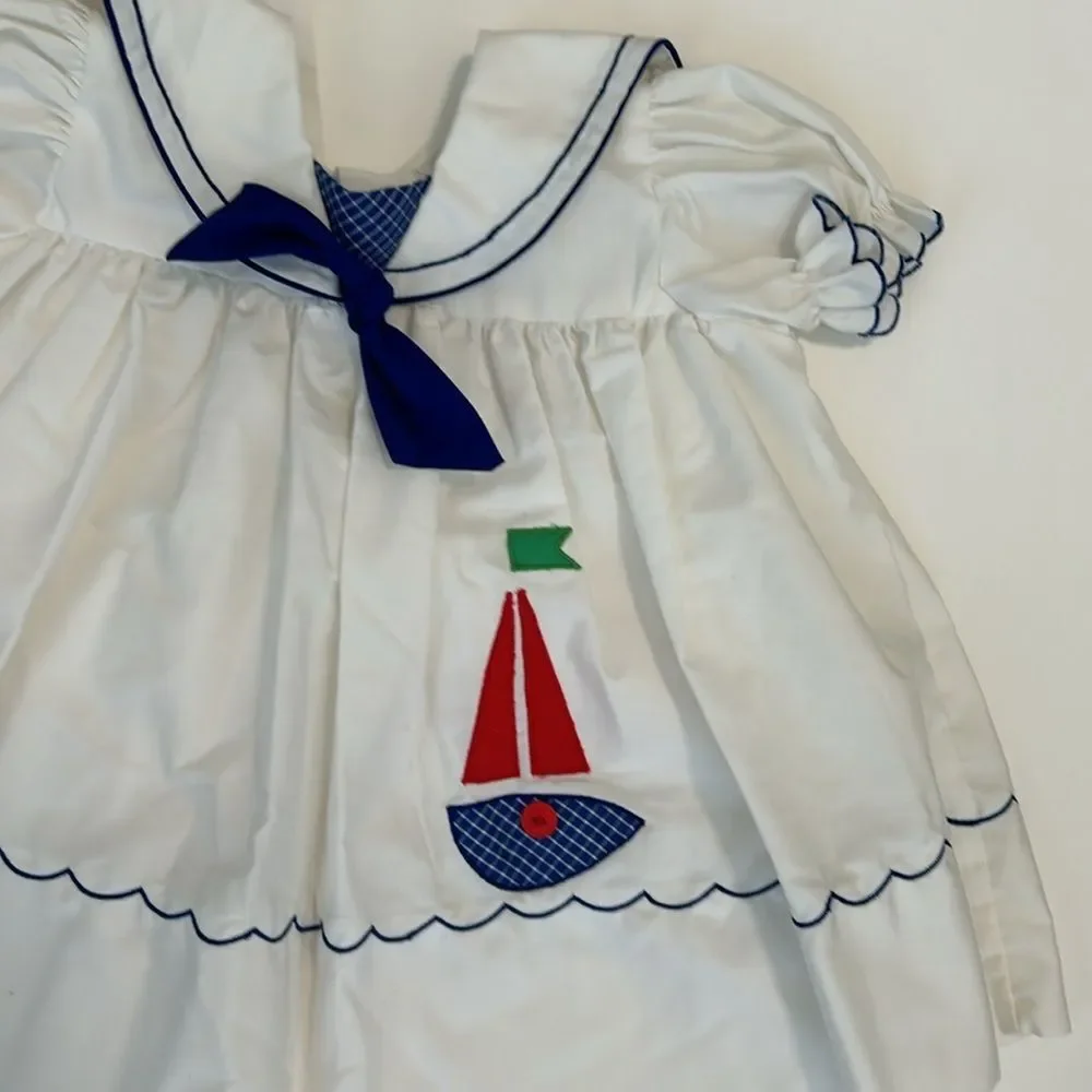 Vintage Pinafore Collared Sailboat Summer Dress 12M